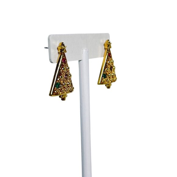 Gold Tone And Rhinestone Christmas Tree Pierced Earrings (6101) - Picture 2 of 5